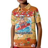Hawaii Mele Kalikimaka Kid Polo Shirt Funny Santa Claus Surfing on Tropical Plants - Polynesian Pride