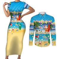 Polynesian Merry Christmas Couples Matching Short Sleeve Bodycon Dress and Long Sleeve Button Shirt Funny Santa Beach Tropical Plant and Turtle - Polynesian Pride