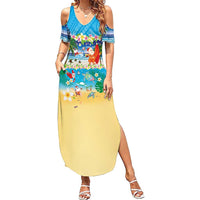 Polynesian Merry Christmas Family Matching Summer Maxi Dress and Hawaiian Shirt Funny Santa Beach Tropical Plant and Turtle LT03 Mom's Dress Multicolor - Polynesian Pride