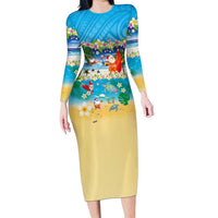 Polynesian Merry Christmas Long Sleeve Bodycon Dress Funny Santa Beach Tropical Plant and Turtle LT03 Long Dress Multicolor - Polynesian Pride