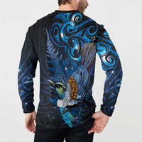 Aotearoa Matariki Button Sweatshirt Maori Tribal with Silver Fern and Tui Bird Galaxy Style - Polynesian Pride