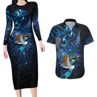 Aotearoa Matariki Couples Matching Long Sleeve Bodycon Dress and Hawaiian Shirt Maori Tribal with Silver Fern and Tui Bird Galaxy Style LT03 Navy - Polynesian Pride