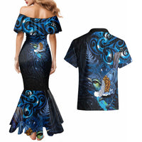 Aotearoa Matariki Couples Matching Mermaid Dress and Hawaiian Shirt Maori Tribal with Silver Fern and Tui Bird Galaxy Style LT03 - Polynesian Pride