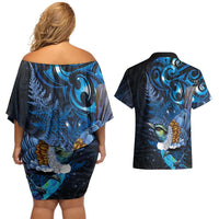 Aotearoa Matariki Couples Matching Off Shoulder Short Dress and Hawaiian Shirt Maori Tribal with Silver Fern and Tui Bird Galaxy Style LT03 - Polynesian Pride