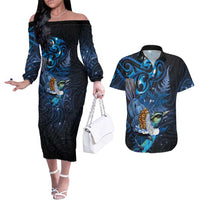 Aotearoa Matariki Couples Matching Off The Shoulder Long Sleeve Dress and Hawaiian Shirt Maori Tribal with Silver Fern and Tui Bird Galaxy Style LT03 Navy - Polynesian Pride
