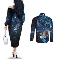 Aotearoa Matariki Couples Matching Off The Shoulder Long Sleeve Dress and Long Sleeve Button Shirt Maori Tribal with Silver Fern and Tui Bird Galaxy Style - Polynesian Pride