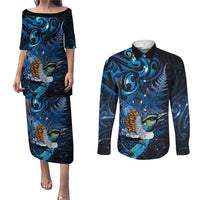 Aotearoa Matariki Couples Matching Puletasi and Long Sleeve Button Shirt Maori Tribal with Silver Fern and Tui Bird Galaxy Style - Polynesian Pride