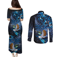 Aotearoa Matariki Couples Matching Puletasi and Long Sleeve Button Shirt Maori Tribal with Silver Fern and Tui Bird Galaxy Style - Polynesian Pride