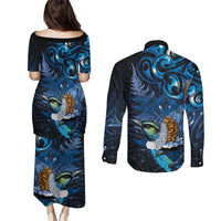 Aotearoa Matariki Couples Matching Puletasi and Long Sleeve Button Shirt Maori Tribal with Silver Fern and Tui Bird Galaxy Style - Polynesian Pride