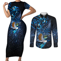 Aotearoa Matariki Couples Matching Short Sleeve Bodycon Dress and Long Sleeve Button Shirt Maori Tribal with Silver Fern and Tui Bird Galaxy Style LT03 Navy - Polynesian Pride