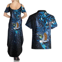 Aotearoa Matariki Couples Matching Summer Maxi Dress and Hawaiian Shirt Maori Tribal with Silver Fern and Tui Bird Galaxy Style LT03 - Polynesian Pride