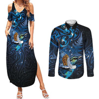 Aotearoa Matariki Couples Matching Summer Maxi Dress and Long Sleeve Button Shirt Maori Tribal with Silver Fern and Tui Bird Galaxy Style LT03 Navy - Polynesian Pride
