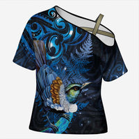 Aotearoa Matariki Cross Shoulder Shirt Maori Tribal with Silver Fern and Tui Bird Galaxy Style - Polynesian Pride