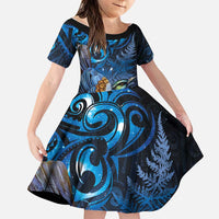 Aotearoa Matariki Family Matching Mermaid Dress and Hawaiian Shirt Maori Tribal with Silver Fern and Tui Bird Galaxy Style LT03 Daughter's Dress Navy - Polynesian Pride