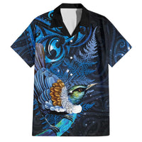 Aotearoa Matariki Family Matching Mermaid Dress and Hawaiian Shirt Maori Tribal with Silver Fern and Tui Bird Galaxy Style LT03 Dad's Shirt - Short Sleeve Navy - Polynesian Pride