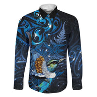 Aotearoa Matariki Family Matching Off The Shoulder Long Sleeve Dress and Hawaiian Shirt Maori Tribal with Silver Fern and Tui Bird Galaxy Style LT03 Dad's Shirt - Long Sleeve Navy - Polynesian Pride