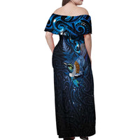 Aotearoa Matariki Family Matching Off Shoulder Maxi Dress and Hawaiian Shirt Maori Tribal with Silver Fern and Tui Bird Galaxy Style - Polynesian Pride