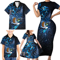 Aotearoa Matariki Family Matching Short Sleeve Bodycon Dress and Hawaiian Shirt Maori Tribal with Silver Fern and Tui Bird Galaxy Style - Polynesian Pride