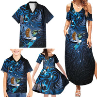 Aotearoa Matariki Family Matching Summer Maxi Dress and Hawaiian Shirt Maori Tribal with Silver Fern and Tui Bird Galaxy Style - Polynesian Pride