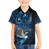 Aotearoa Matariki Family Matching Tank Maxi Dress and Hawaiian Shirt Maori Tribal with Silver Fern and Tui Bird Galaxy Style LT03 Son's Shirt Navy - Polynesian Pride
