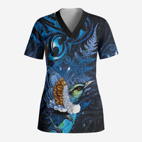 Aotearoa Matariki Scrub Top Maori Tribal with Silver Fern and Tui Bird Galaxy Style - Polynesian Pride