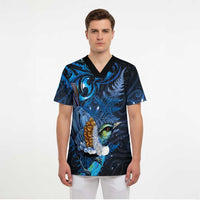 Aotearoa Matariki Scrub Top Maori Tribal with Silver Fern and Tui Bird Galaxy Style - Polynesian Pride