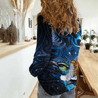 Aotearoa Matariki Women Casual Shirt Maori Tribal with Silver Fern and Tui Bird Galaxy Style - Polynesian Pride