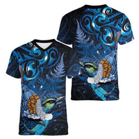 Aotearoa Matariki Women V-Neck T-Shirt Maori Tribal with Silver Fern and Tui Bird Galaxy Style LT03 - Polynesian Pride