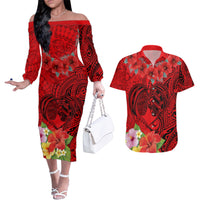 Personalised Hawaii Valentine Day Couples Matching Off The Shoulder Long Sleeve Dress and Hawaiian Shirt Couple Love Heart mix Hibiscus and Polynesian Tattoo LT03 Red - Polynesian Pride