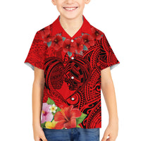Personalised Hawaii Valentine Day Family Matching Puletasi and Hawaiian Shirt Couple Love Heart mix Hibiscus and Polynesian Tattoo LT03 Son's Shirt Red - Polynesian Pride