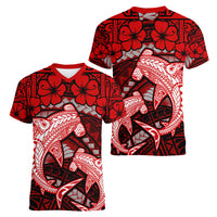 Polynesian Shark Valentine Day Women V Neck T Shirt Hibiscus and Tribal Tattoo Red Style LT03 - Polynesian Pride
