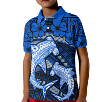 Polynesian Shark Valentine Day Kid Polo Shirt Hibiscus and Tribal Tattoo Blue Style LT03 Kid Blue - Polynesian Pride