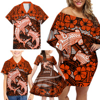 Polynesian Shark Valentine Day Family Matching Off Shoulder Short Dress and Hawaiian Shirt Hibiscus and Tribal Tattoo Orange Style LT03 - Polynesian Pride
