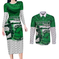 Custom Hawaii Volleyball-Kakau Motif Green Color Couples Matching Long Sleeve Bodycon Dress and Long Sleeve Button Shirt LT03 Green - Polynesian Pride