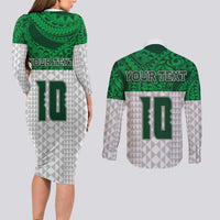 Custom Hawaii Volleyball-Kakau Motif Green Color Couples Matching Long Sleeve Bodycon Dress and Long Sleeve Button Shirt LT03 - Polynesian Pride