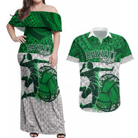 Custom Hawaii Volleyball-Kakau Motif Green Color Couples Matching Off Shoulder Maxi Dress and Hawaiian Shirt LT03 Green - Polynesian Pride