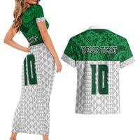 Custom Hawaii Volleyball-Kakau Motif Green Color Couples Matching Short Sleeve Bodycon Dress and Hawaiian Shirt LT03 - Polynesian Pride