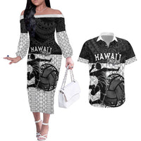 Custom Hawaii Volleyball-Kakau Motif Grayscale Color Couples Matching Off The Shoulder Long Sleeve Dress and Hawaiian Shirt LT03 Black - Polynesian Pride