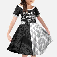 Custom Hawaii Volleyball-Kakau Motif Grayscale Color Family Matching Long Sleeve Bodycon Dress and Hawaiian Shirt LT03 Daughter's Dress Black - Polynesian Pride