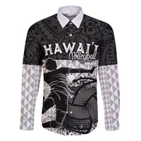 Custom Hawaii Volleyball-Kakau Motif Grayscale Color Family Matching Off The Shoulder Long Sleeve Dress and Hawaiian Shirt LT03 Dad's Shirt - Long Sleeve Black - Polynesian Pride
