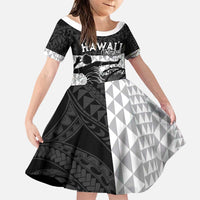 Custom Hawaii Volleyball-Kakau Motif Grayscale Color Family Matching Puletasi and Hawaiian Shirt LT03 Daughter's Dress Black - Polynesian Pride