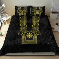 Philippines Barong Style Bedding Set with Polynesian Art and Leaf Motif Black-Gold Color