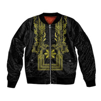 Philippines Barong Style Bomber Jacket with Polynesian Art and Leaf Motif Black-Gold Color