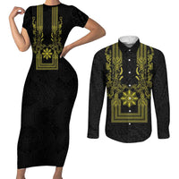 Philippines Barong Style Couples Matching Short Sleeve Bodycon Dress and Long Sleeve Button Shirt with Polynesian Art and Leaf Motif Black-Gold Color LT03 Black - Polynesian Pride