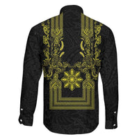 Philippines Barong Style Family Matching Off The Shoulder Long Sleeve Dress and Hawaiian Shirt with Polynesian Art and Leaf Motif Black-Gold Color LT03 - Polynesian Pride