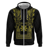 Philippines Barong Style Hoodie with Polynesian Art and Leaf Motif Black-Gold Color