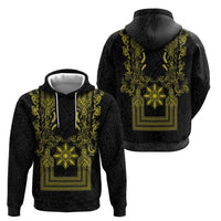 Philippines Barong Style Hoodie with Polynesian Art and Leaf Motif Black-Gold Color