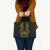 Philippines Barong Style Leather Bag with Polynesian Art and Leaf Motif Black-Gold Color