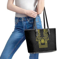 Philippines Barong Style Leather Tote Bag with Polynesian Art and Leaf Motif Black-Gold Color