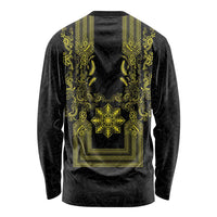 Philippines Barong Style Long Sleeve Shirt with Polynesian Art and Leaf Motif Black-Gold Color